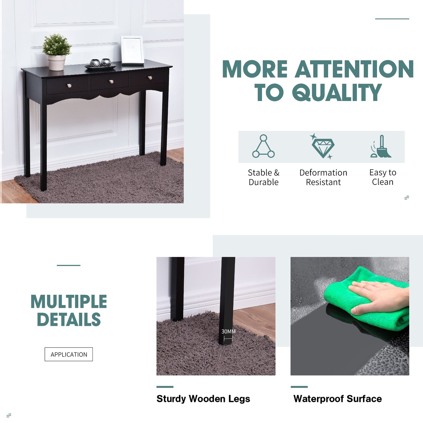 Hall table Side Table w/ 3 Drawers, Black Console Tables at Gallery Canada
