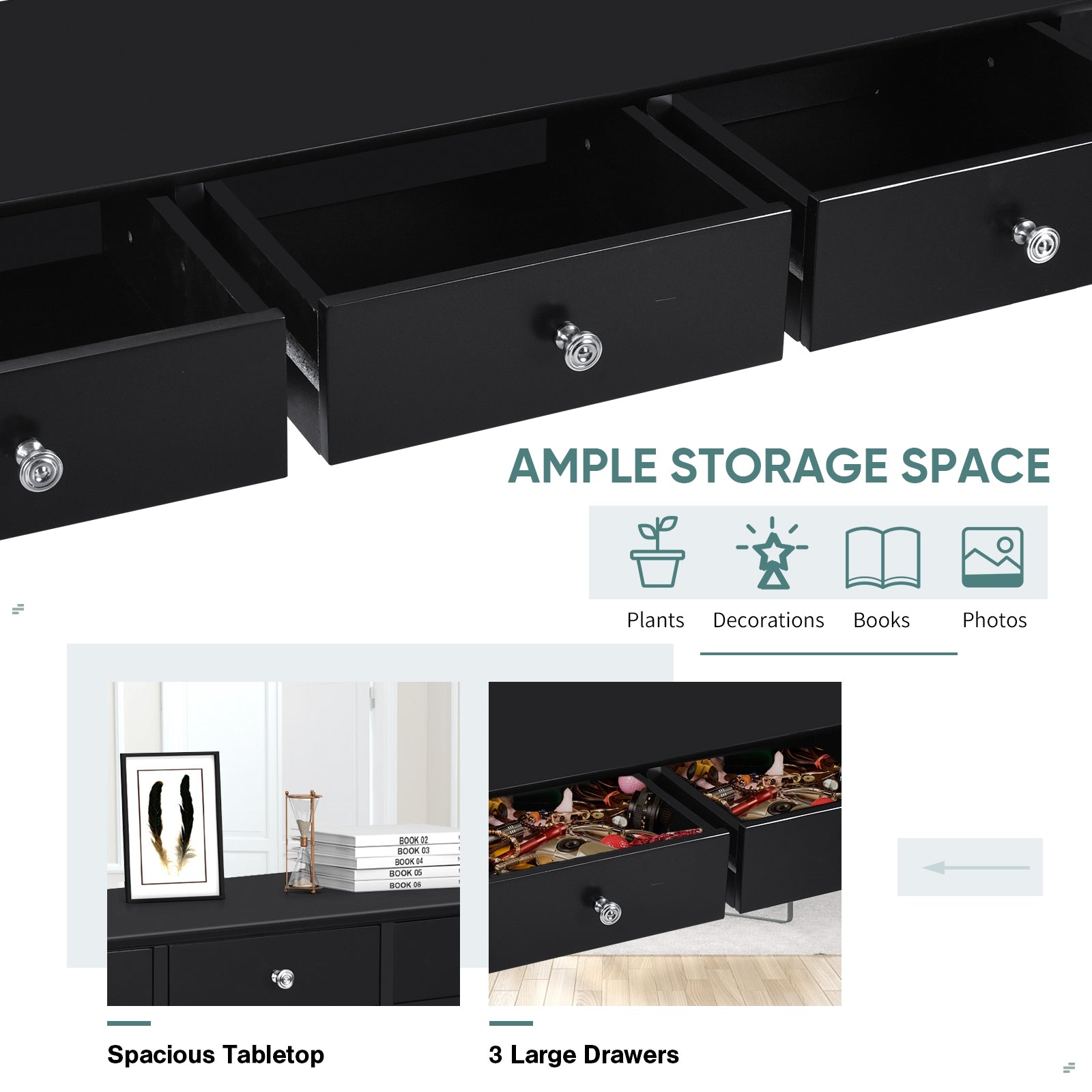 Hall table Side Table w/ 3 Drawers, Black Console Tables at Gallery Canada