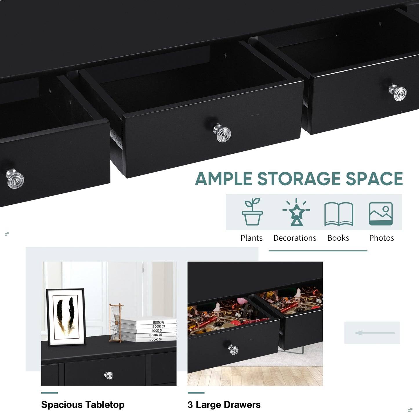 Hall table Side Table w/ 3 Drawers, Black Console Tables at Gallery Canada