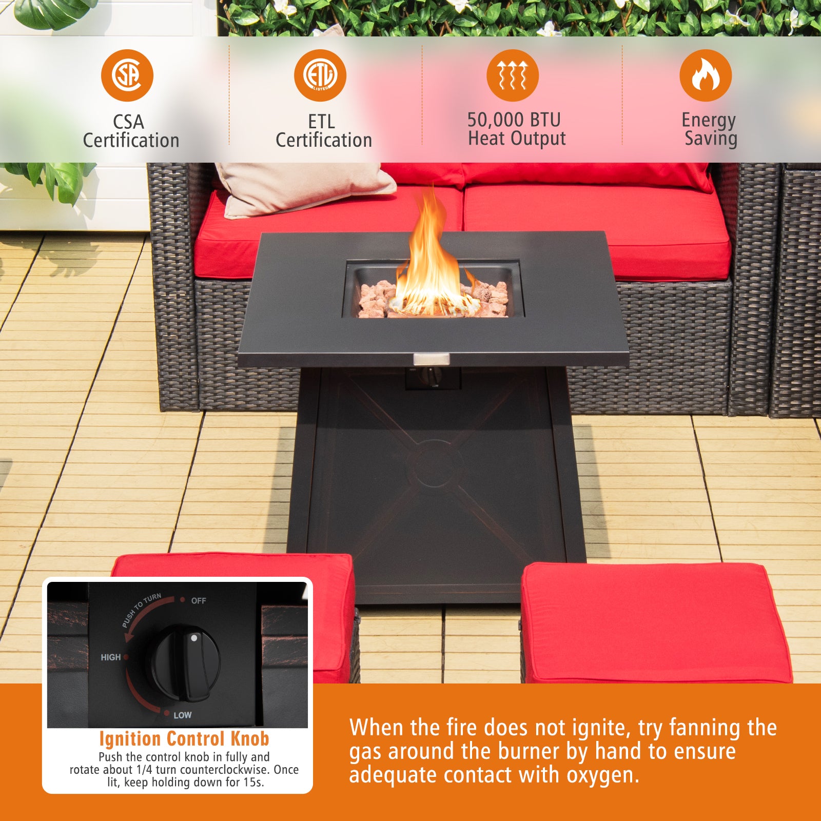 30 Inch Square Propane Gas Fire Table with Waterproof Cover, Black Fire Pits at Gallery Canada