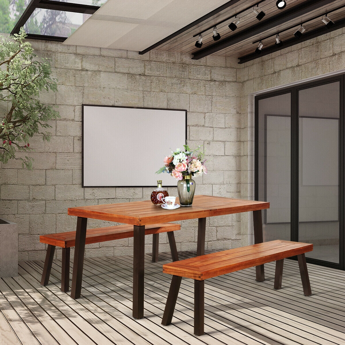 Rectangular Acacia Wood Rustic Dining Furniture Table , Brown Patio Dining Tables at Gallery Canada