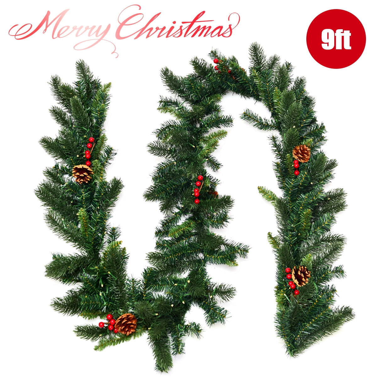 9 Feet Pre-lit Artificial Christmas Garland Red Berries with LED, Green Christmas Decor & Accessories at Gallery Canada