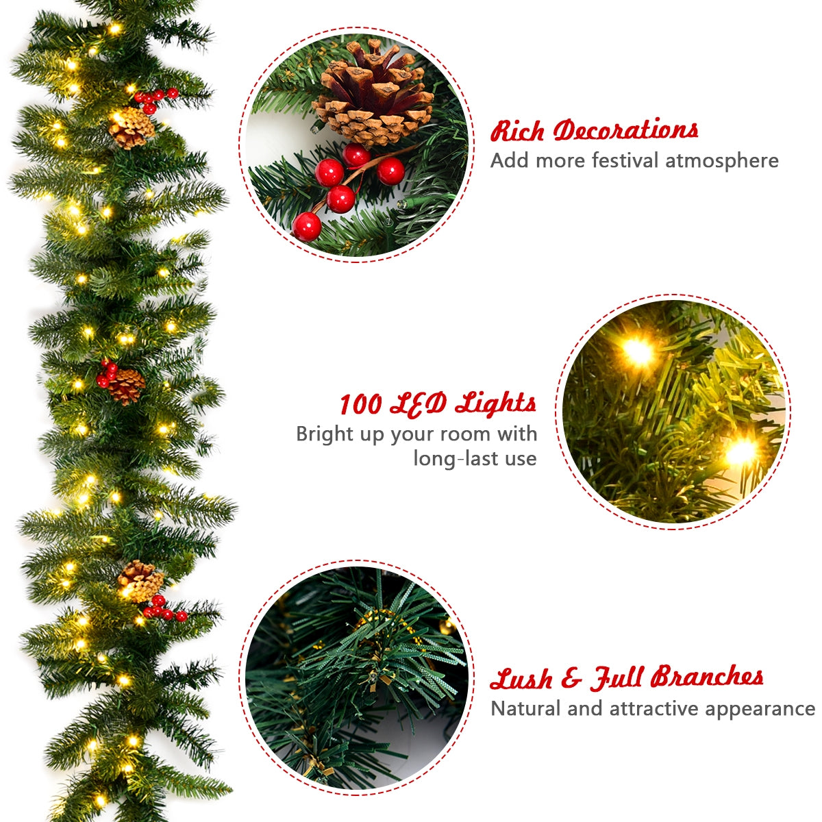 9 Feet Pre-lit Artificial Christmas Garland Red Berries with LED, Green Christmas Decor & Accessories at Gallery Canada