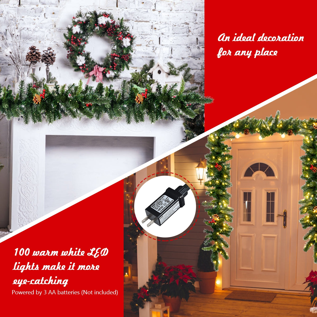 9 Feet Pre-lit Artificial Christmas Garland Red Berries with LED, Green Christmas Decor & Accessories at Gallery Canada