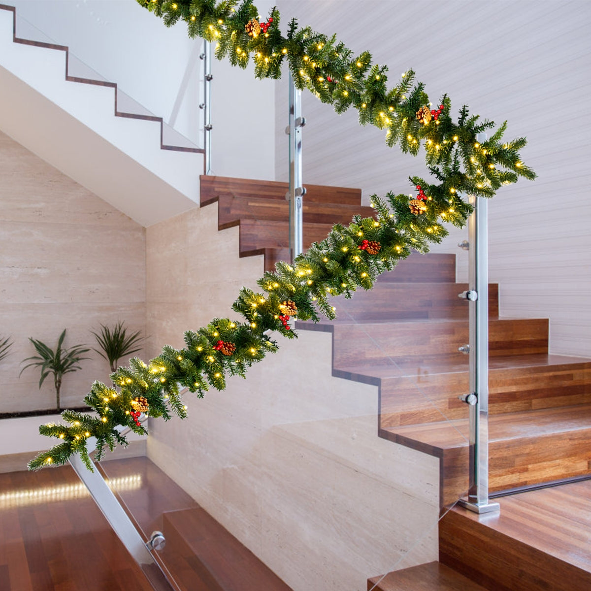 9 Feet Pre-lit Artificial Christmas Garland Red Berries with LED, Green Christmas Decor & Accessories at Gallery Canada