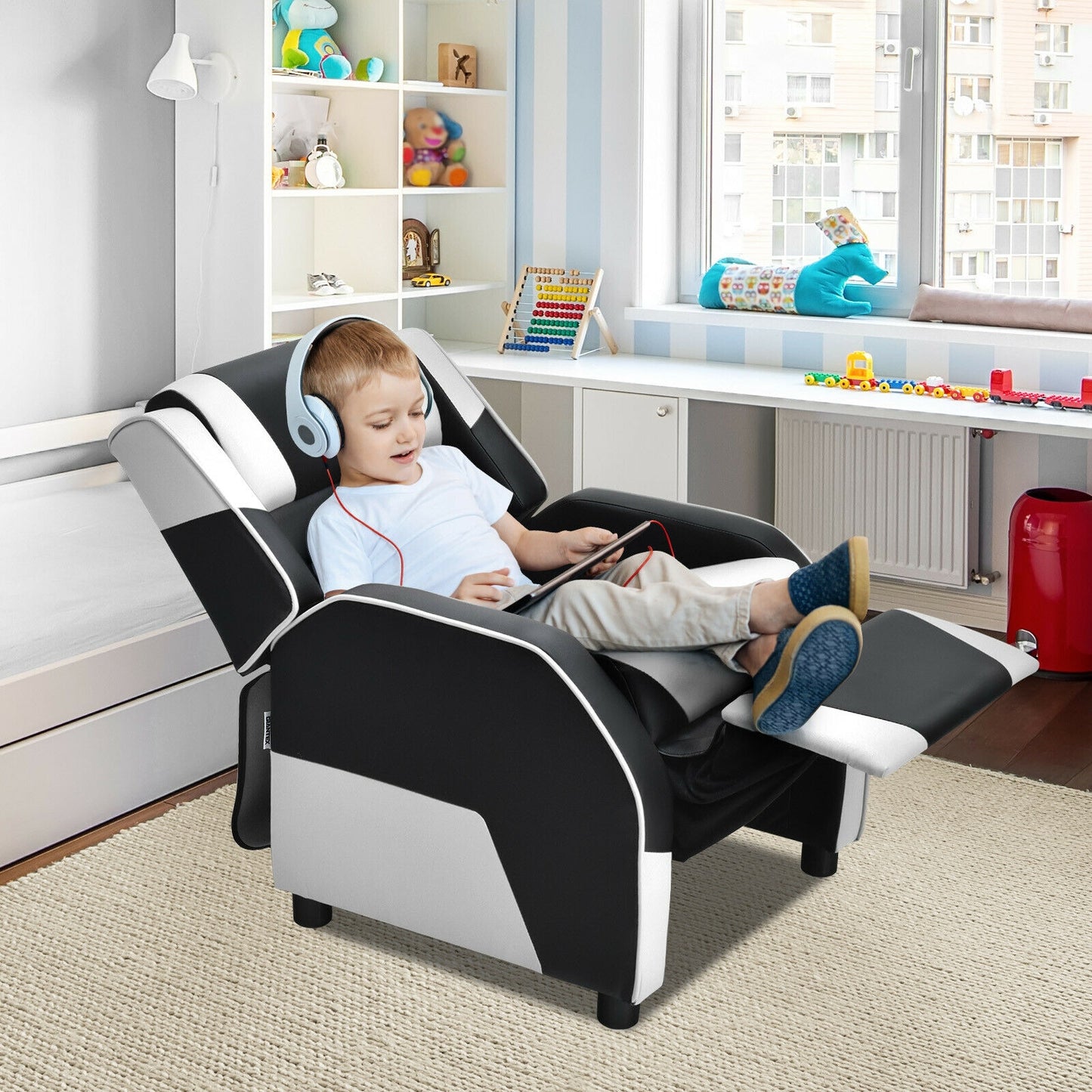 Kids Youth PU Leather Gaming Sofa Recliner with Headrest and Footrest, White Kids Chairs & Seating at Gallery Canada
