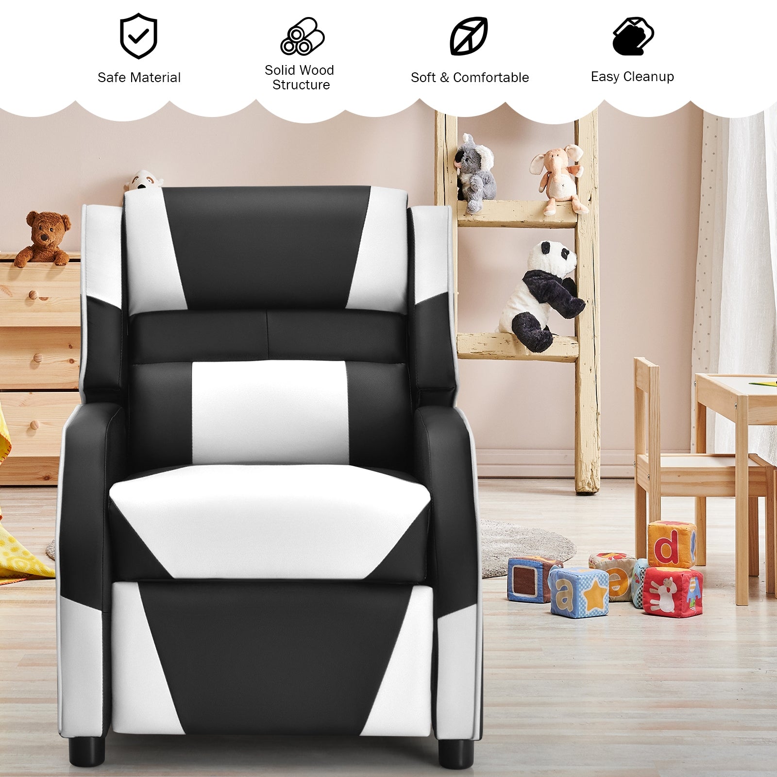 Kids Youth PU Leather Gaming Sofa Recliner with Headrest and Footrest, White Kids Chairs & Seating at Gallery Canada