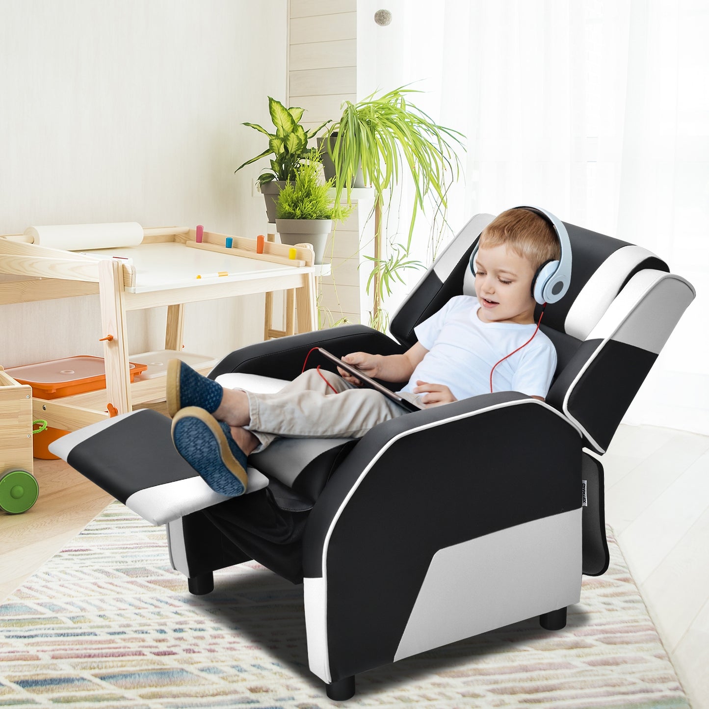 Kids Youth PU Leather Gaming Sofa Recliner with Headrest and Footrest, White Kids Chairs & Seating at Gallery Canada