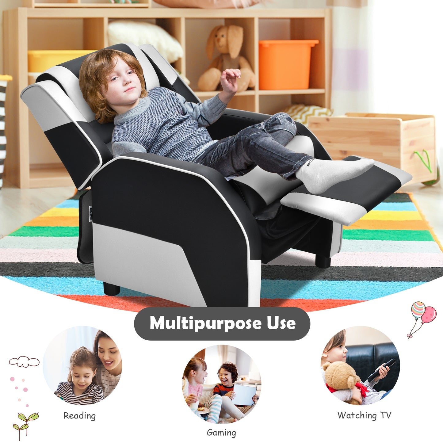 Kids Youth PU Leather Gaming Sofa Recliner with Headrest and Footrest, White Kids Chairs & Seating at Gallery Canada
