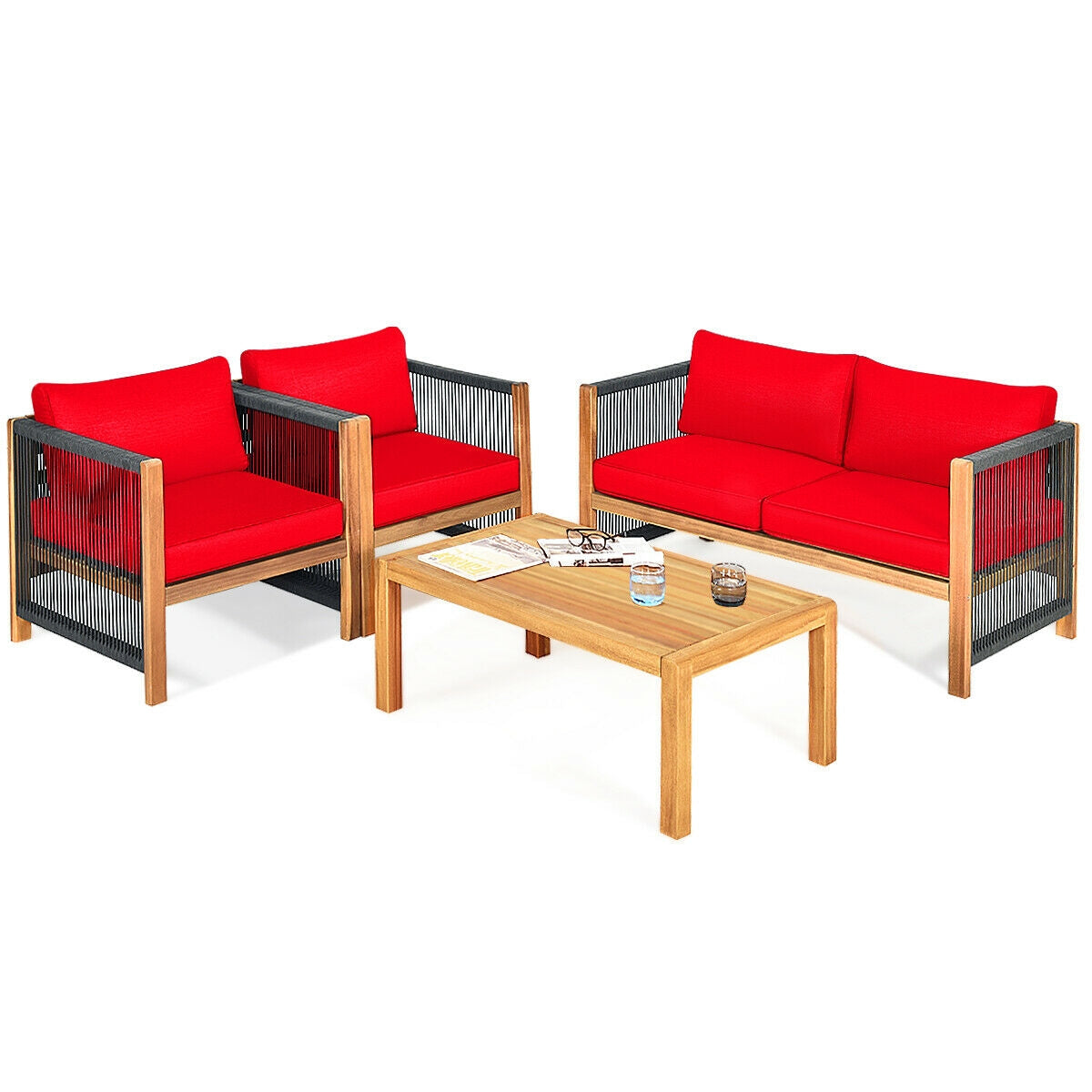 4 Pcs Acacia Wood Outdoor Patio Furniture Set with Cushions, Red Patio Conversation Sets at Gallery Canada