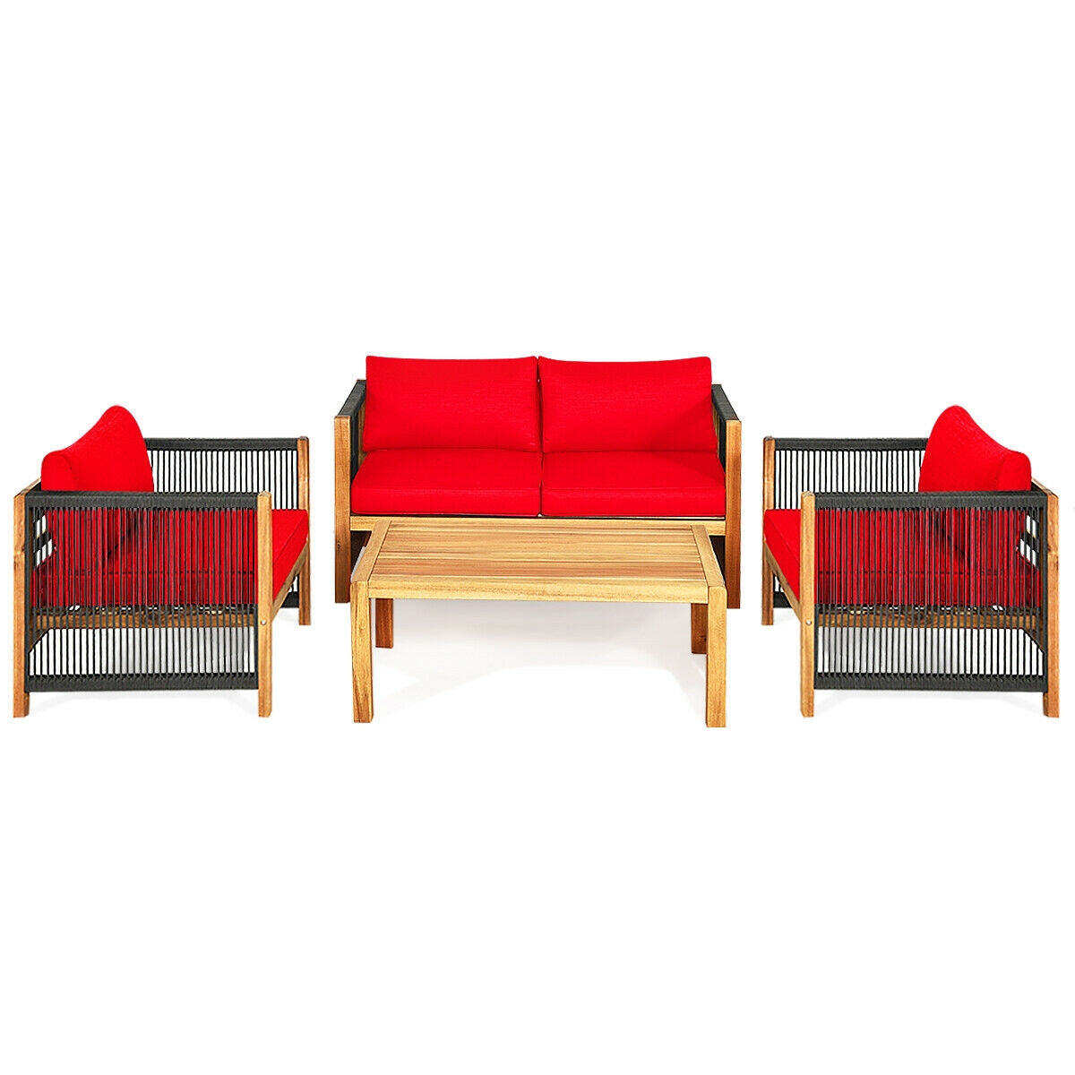 4 Pcs Acacia Wood Outdoor Patio Furniture Set with Cushions, Red Patio Conversation Sets at Gallery Canada