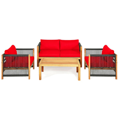 4 Pcs Acacia Wood Outdoor Patio Furniture Set with Cushions, Red Patio Conversation Sets at Gallery Canada