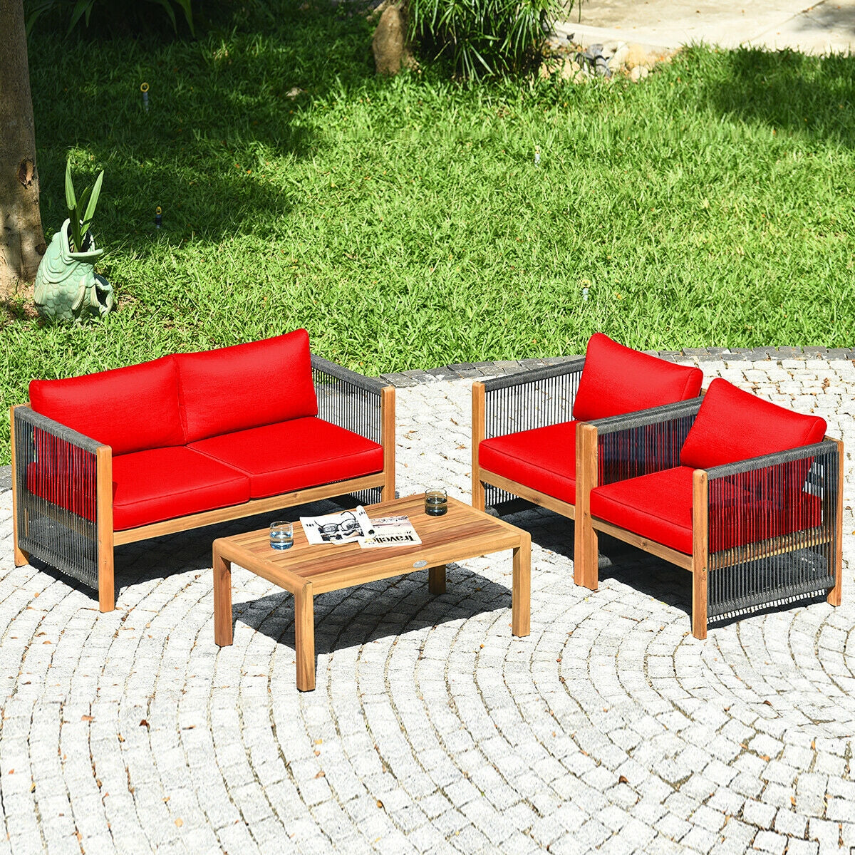 4 Pcs Acacia Wood Outdoor Patio Furniture Set with Cushions, Red Patio Conversation Sets at Gallery Canada