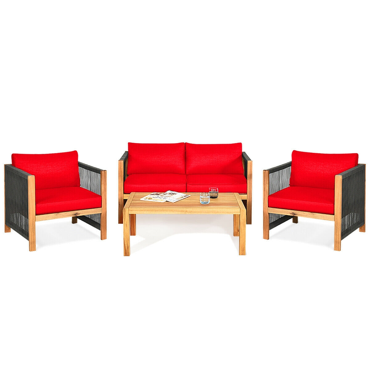 4 Pcs Acacia Wood Patio Furniture Set With Cushions, Red
