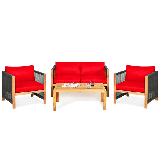 4 Pcs Acacia Wood Outdoor Patio Furniture Set with Cushions, Red Patio Conversation Sets Red at Gallery Canada
