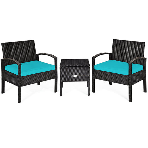 3 Piece PE Rattan Wicker Sofa Set with Washable and Removable Cushion for Patio, Turquoise