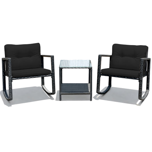 3 Piece Cushioned Patio Rattan Set, Rocking Chair, Table, Black