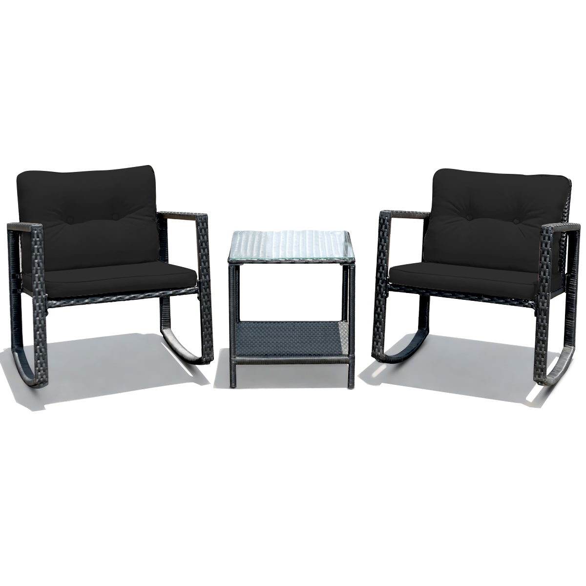 3 Piece Cushioned Patio Rattan Set, Rocking Chair, Table, Black Patio Conversation Sets Black at Gallery Canada