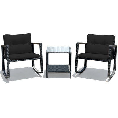 3 Piece Cushioned Patio Rattan Set, Rocking Chair, Table, Black Patio Conversation Sets Black at Gallery Canada