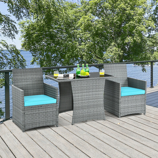 3 Piece Patio Rattan Furniture Set, Cushioned Armrest Sofa, Turquoise Patio Conversation Sets Turquoise at Gallery Canada
