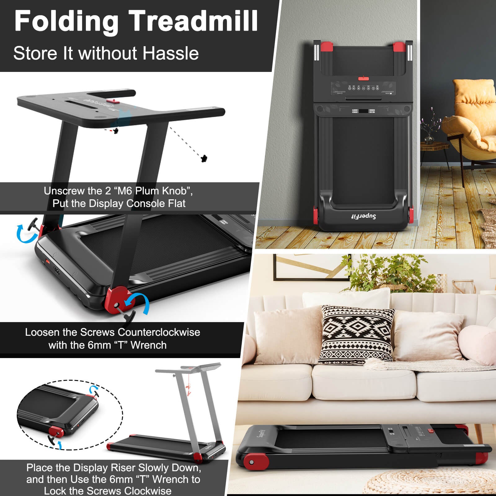 Folding Electric Compact Walking Treadmill with APP Control Speaker, Red Treadmills at Gallery Canada
