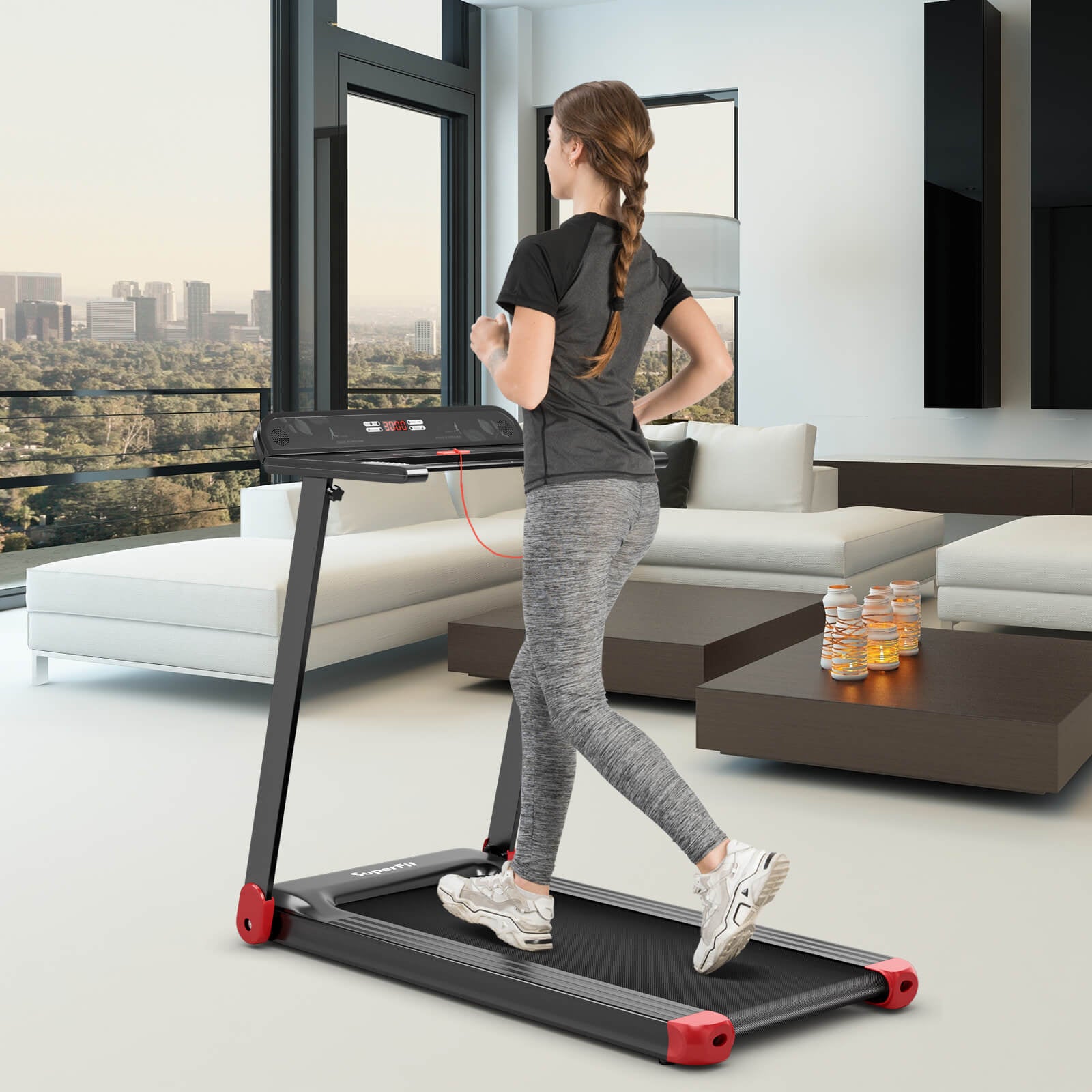 Folding Electric Compact Walking Treadmill with APP Control Speaker, Red Treadmills at Gallery Canada