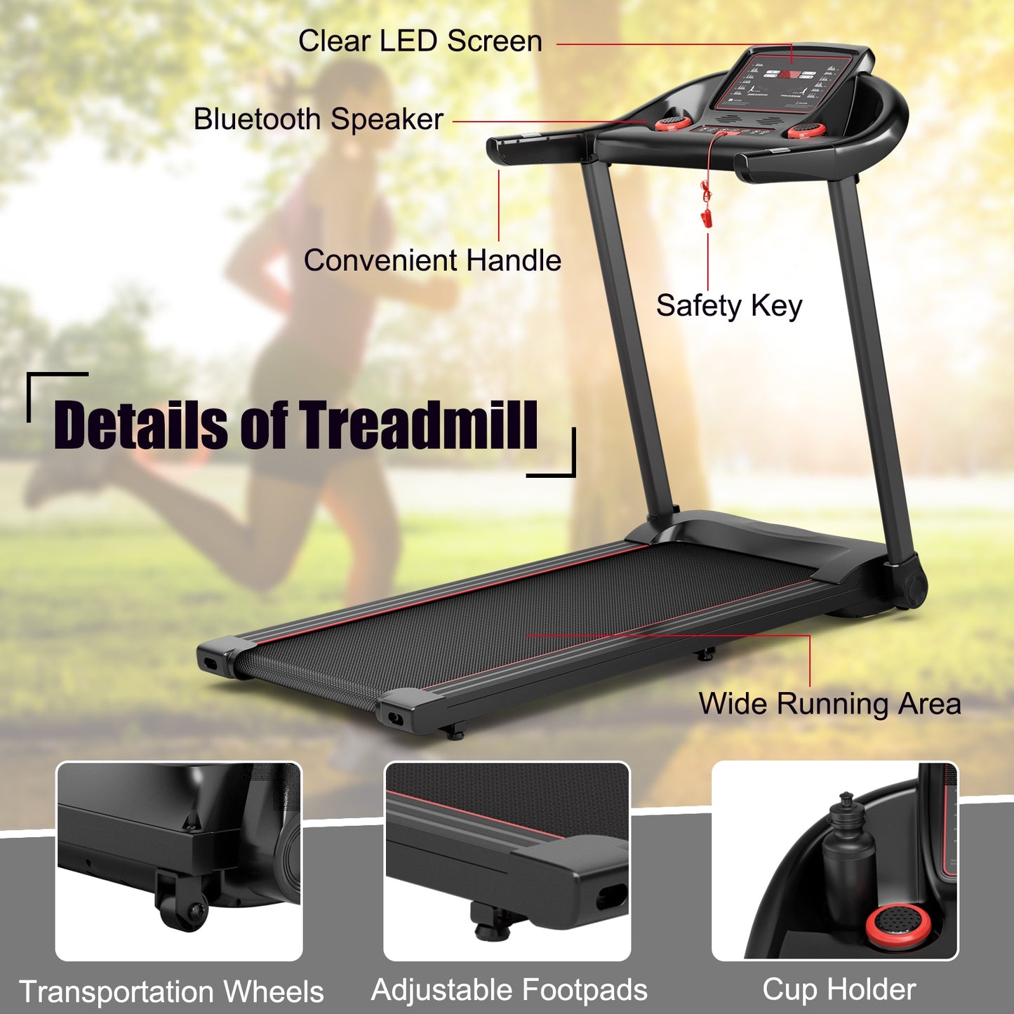 2.25HP Electric Running Machine Treadmill with Speaker and APP Control, Red Treadmills at Gallery Canada