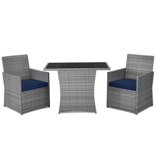 3-Piece Patio Rattan Furniture Set, Cushioned Armrest Sofa, Navy
