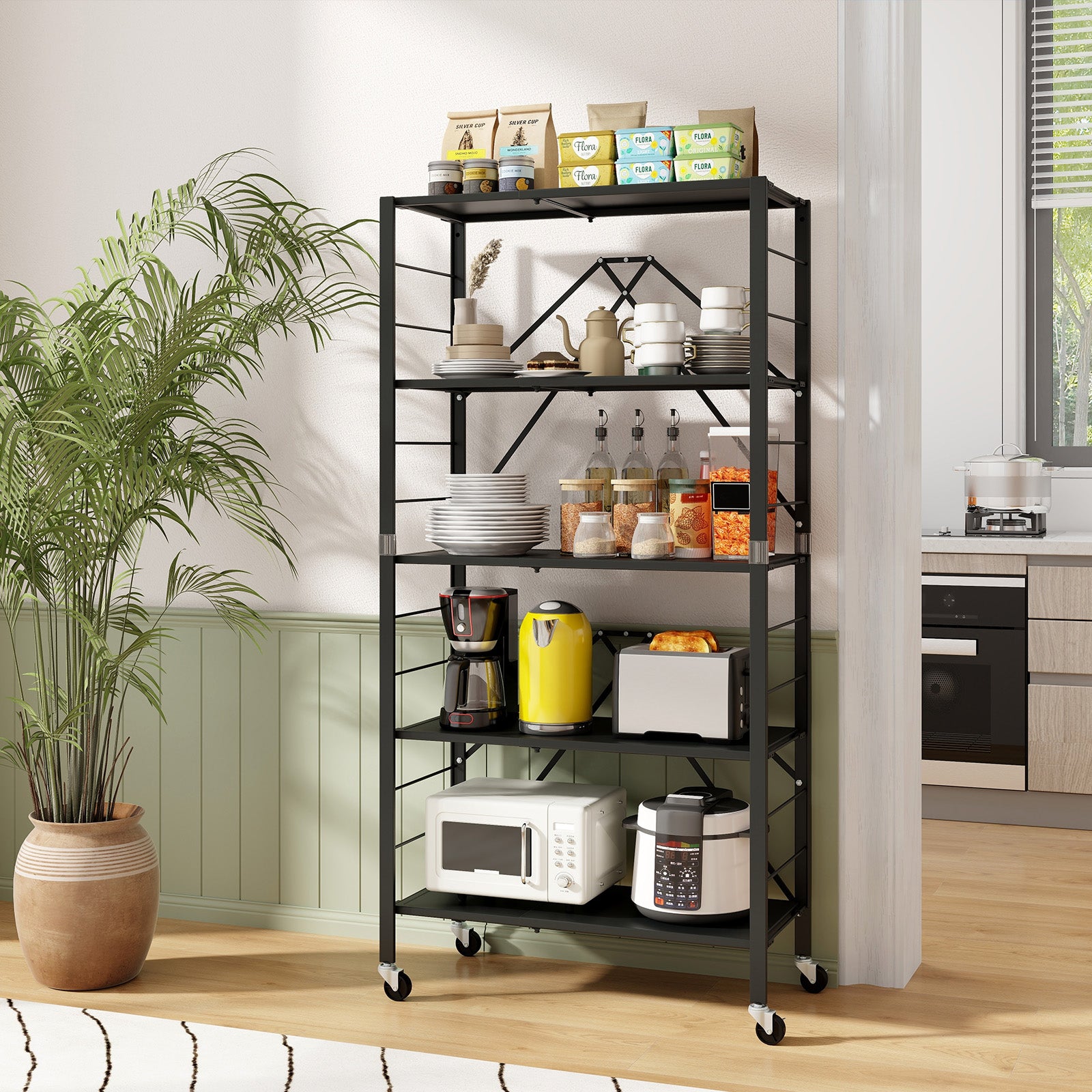 5-Tier Foldable Storage Shelf with Wheels, Black Sheds & Outdoor Storage at Gallery Canada