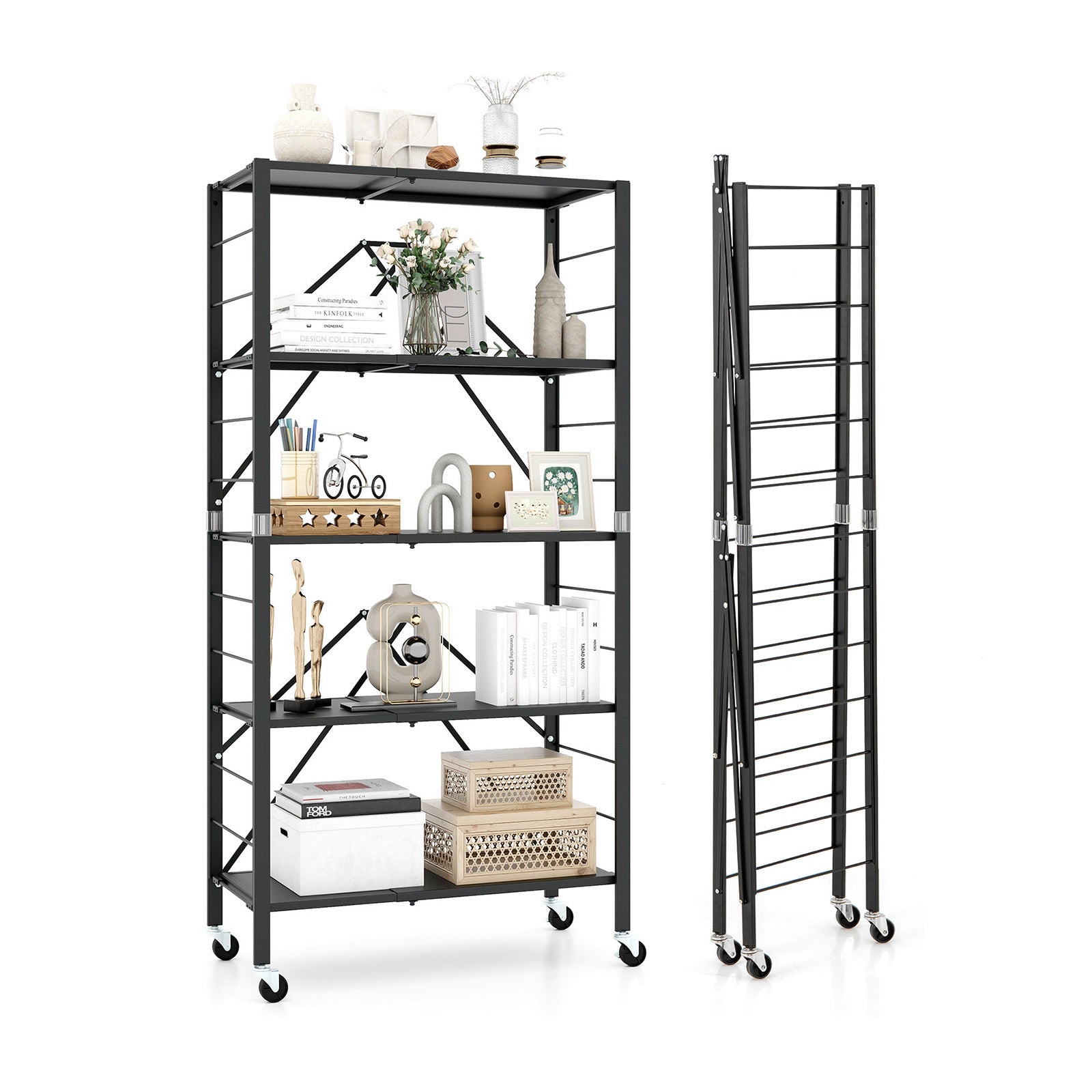 5-Tier Foldable Storage Shelf with Wheels, Black Sheds & Outdoor Storage at Gallery Canada