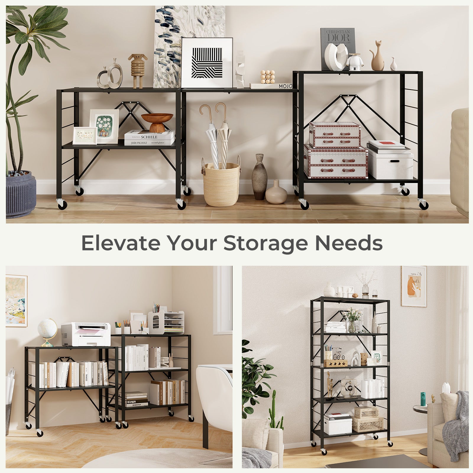 5-Tier Foldable Storage Shelf with Wheels, Black Sheds & Outdoor Storage at Gallery Canada