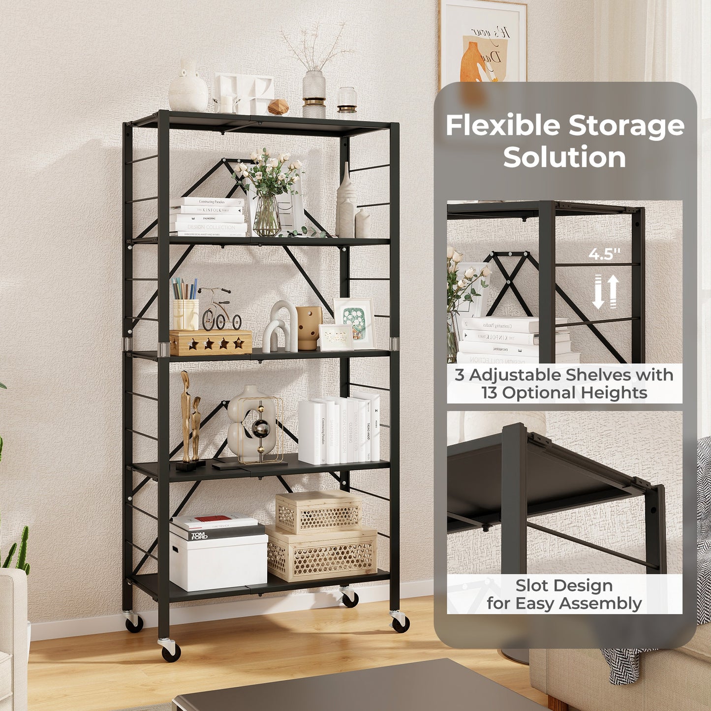5-Tier Foldable Storage Shelf with Wheels, Black Sheds & Outdoor Storage at Gallery Canada
