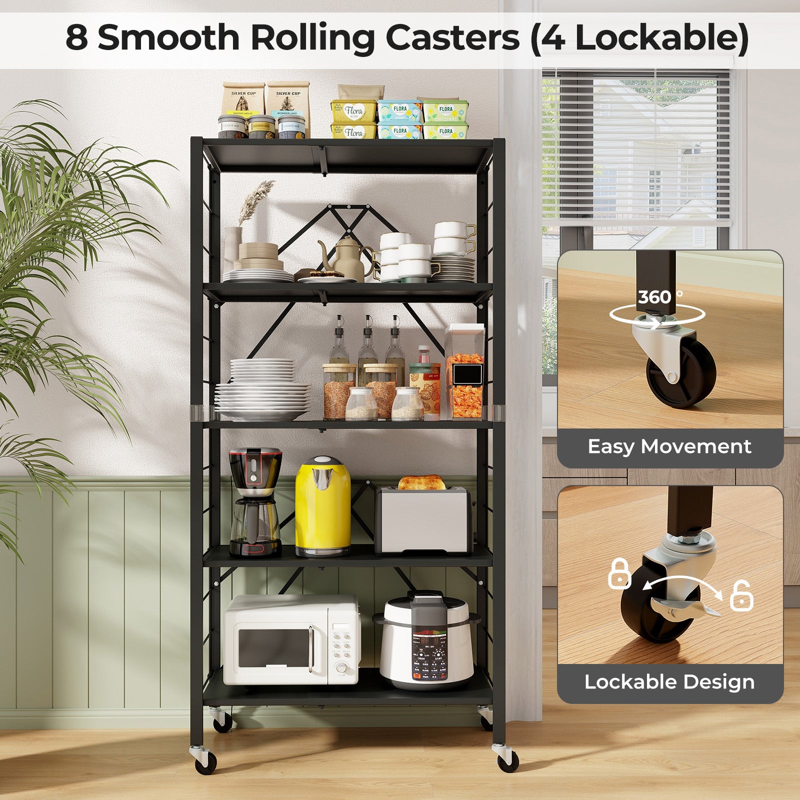 5-Tier Foldable Storage Shelf with Wheels, Black Sheds & Outdoor Storage at Gallery Canada