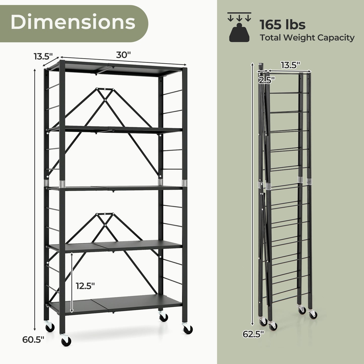 5-Tier Foldable Storage Shelf with Wheels, Black Sheds & Outdoor Storage at Gallery Canada