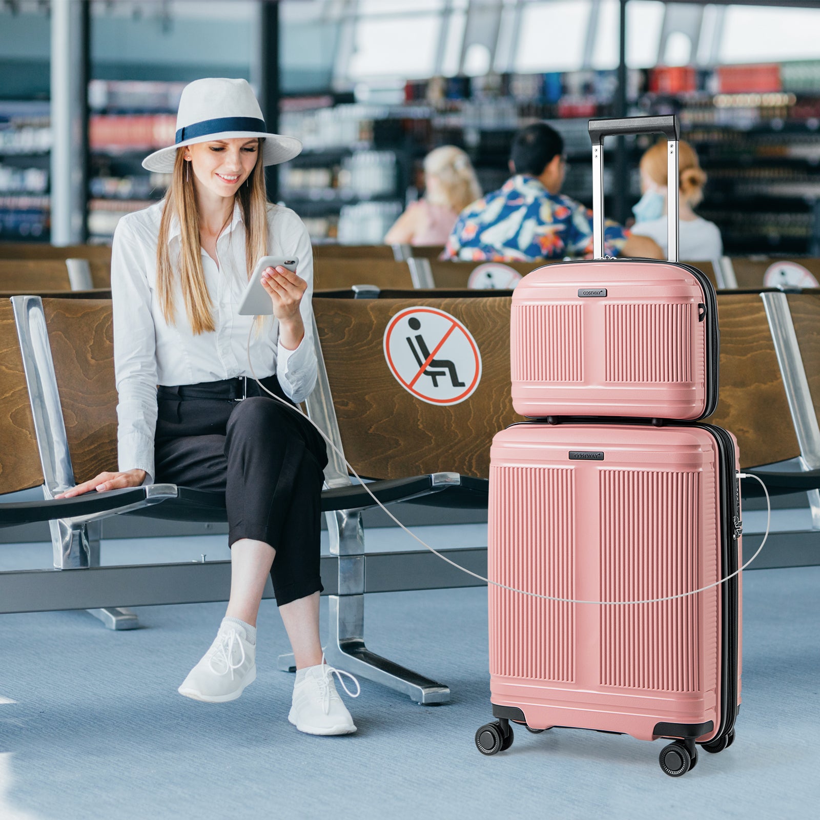 2-Piece Luggage Set 20 Inch Carry-on Suitcase and 14 Inch Cosmetic Case, Pink Camping at Gallery Canada