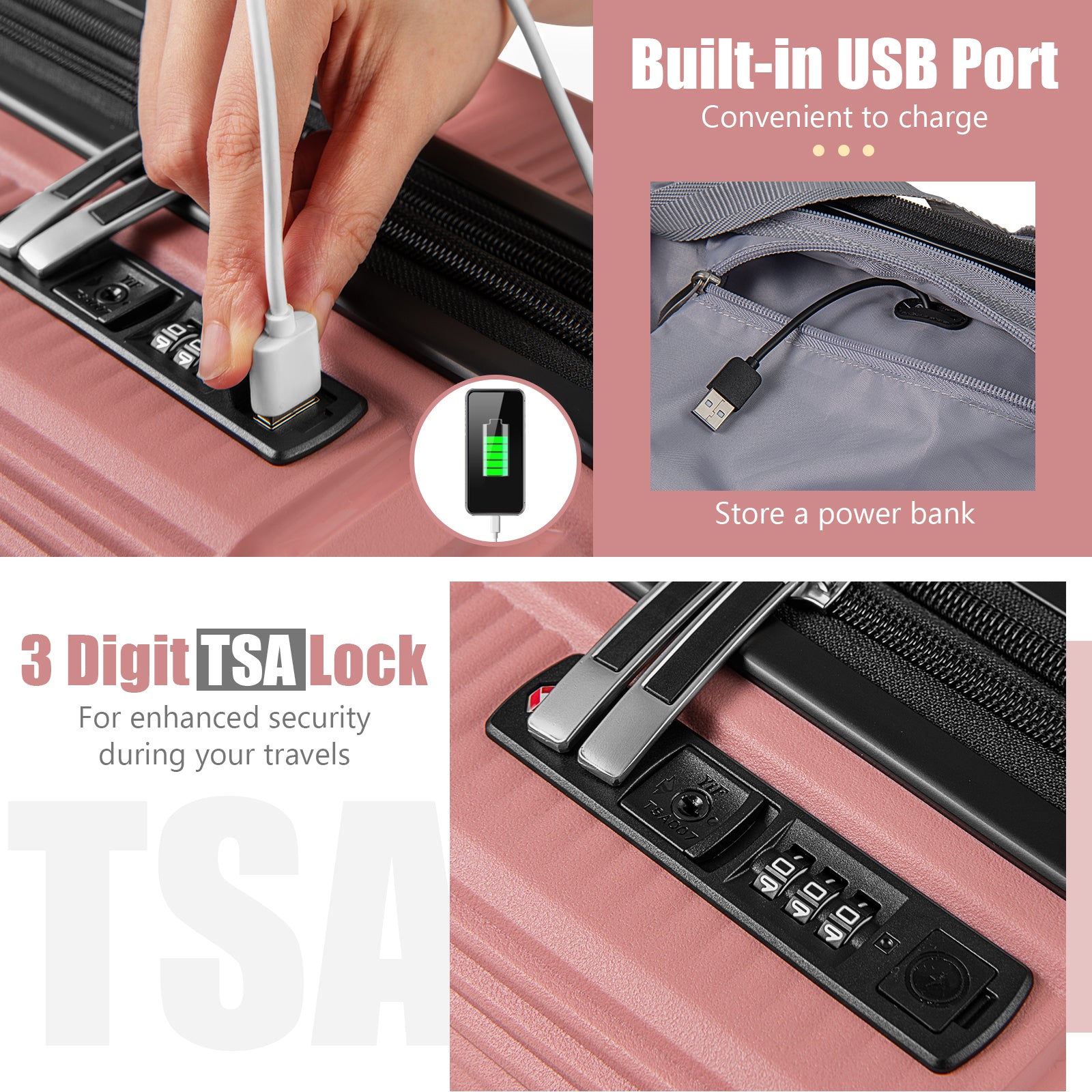 2-Piece Luggage Set 20 Inch Carry-on Suitcase and 14 Inch Cosmetic Case, Pink Camping at Gallery Canada