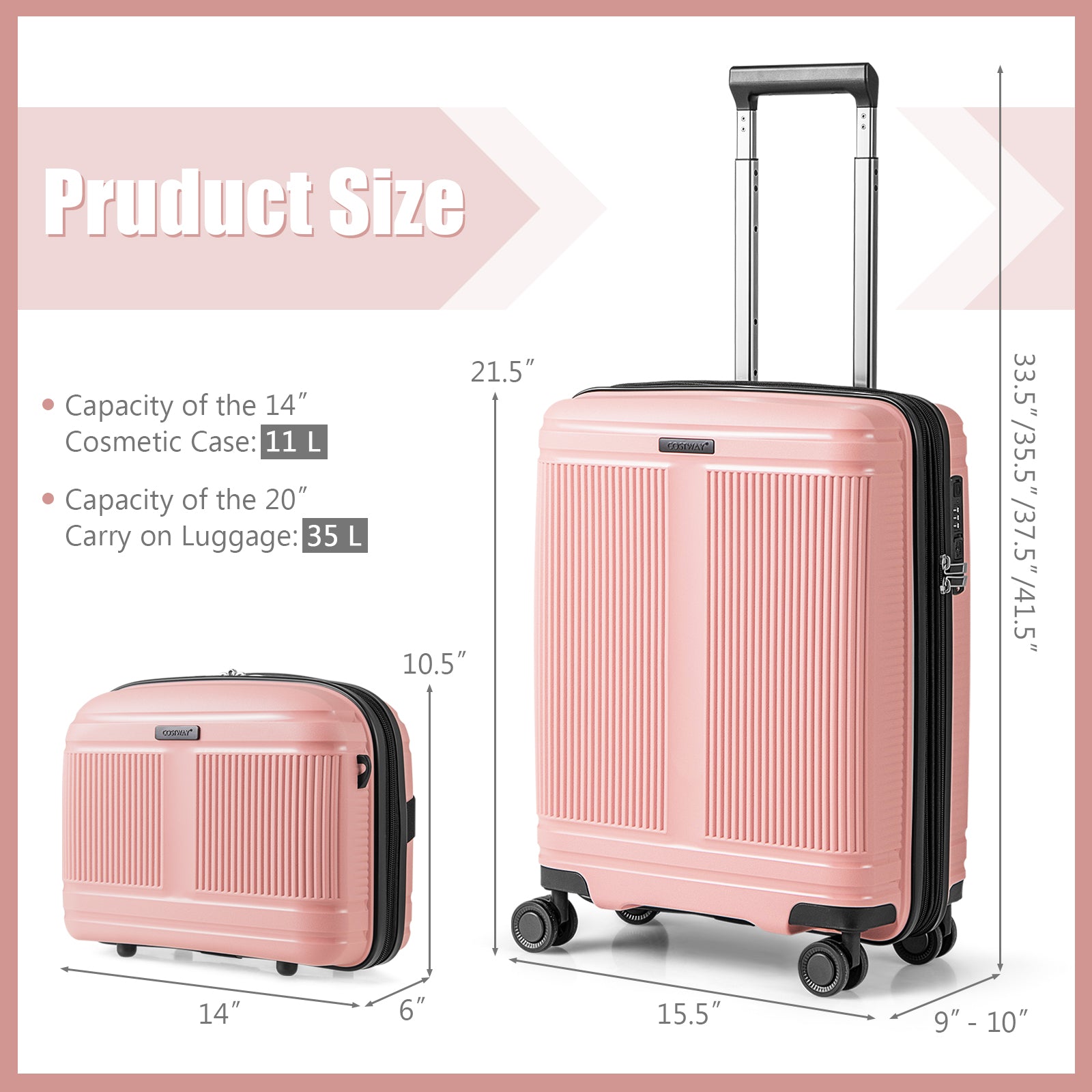 2-Piece Luggage Set 20 Inch Carry-on Suitcase and 14 Inch Cosmetic Case, Pink Camping at Gallery Canada