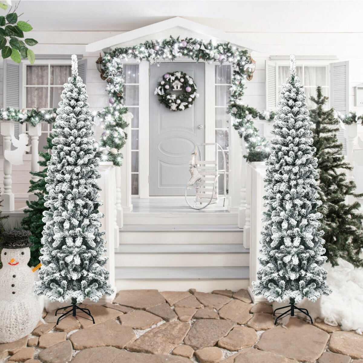 7.5 Feet Unlit Hinged Snow Flocked Artificial Pencil Christmas Tree with 641 Tips, White Christmas Tree at Gallery Canada