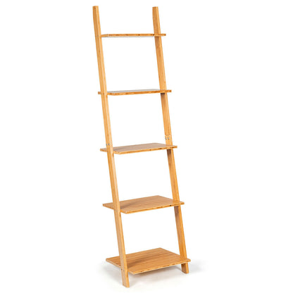 5-Tier Ladder Shelf Modern Bamboo Leaning Bookshelf Ladder Bookcase, Natural Bookcases Natural at Gallery Canada