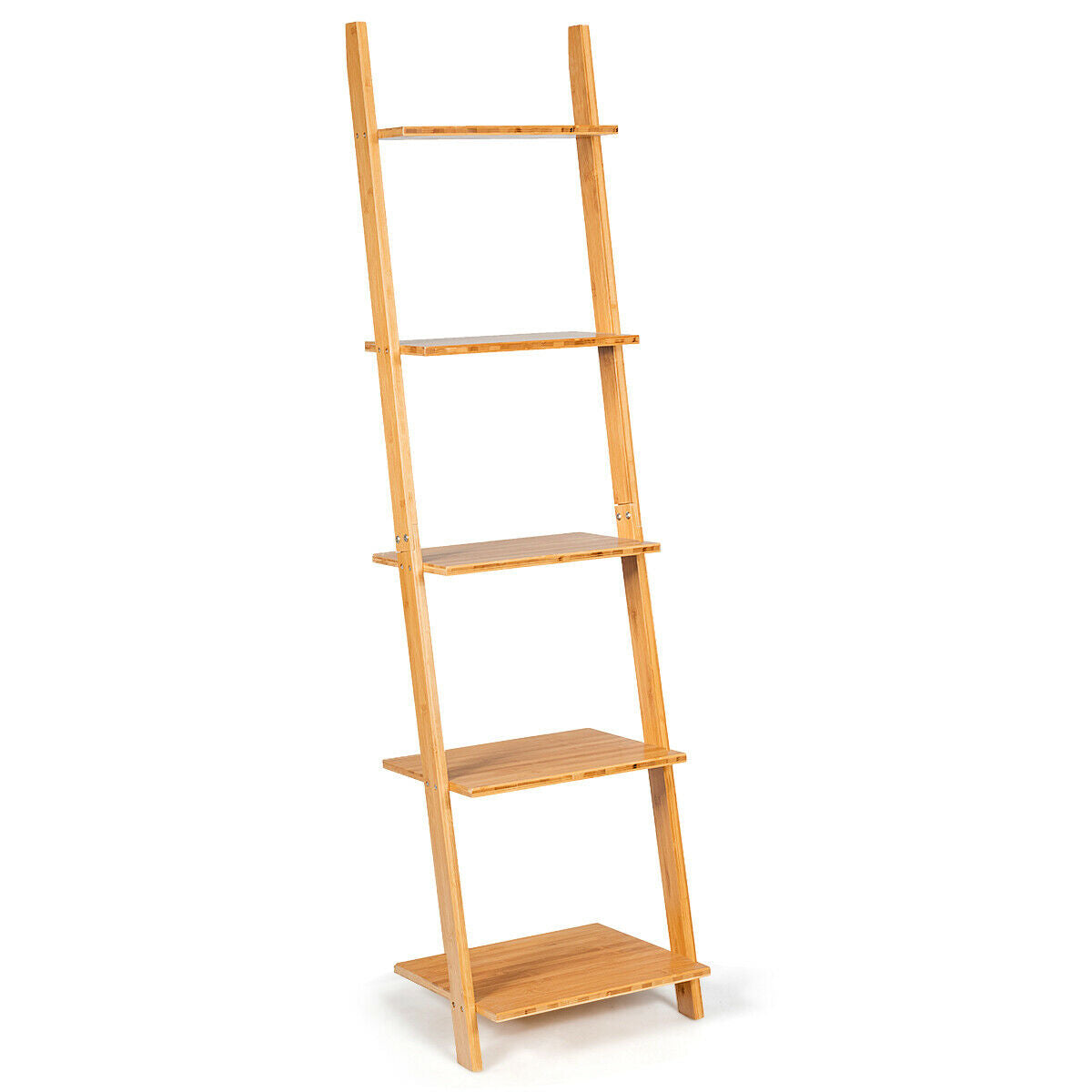 5-Tier Ladder Shelf, Modern Bamboo Leaning Bookshelf, Natural