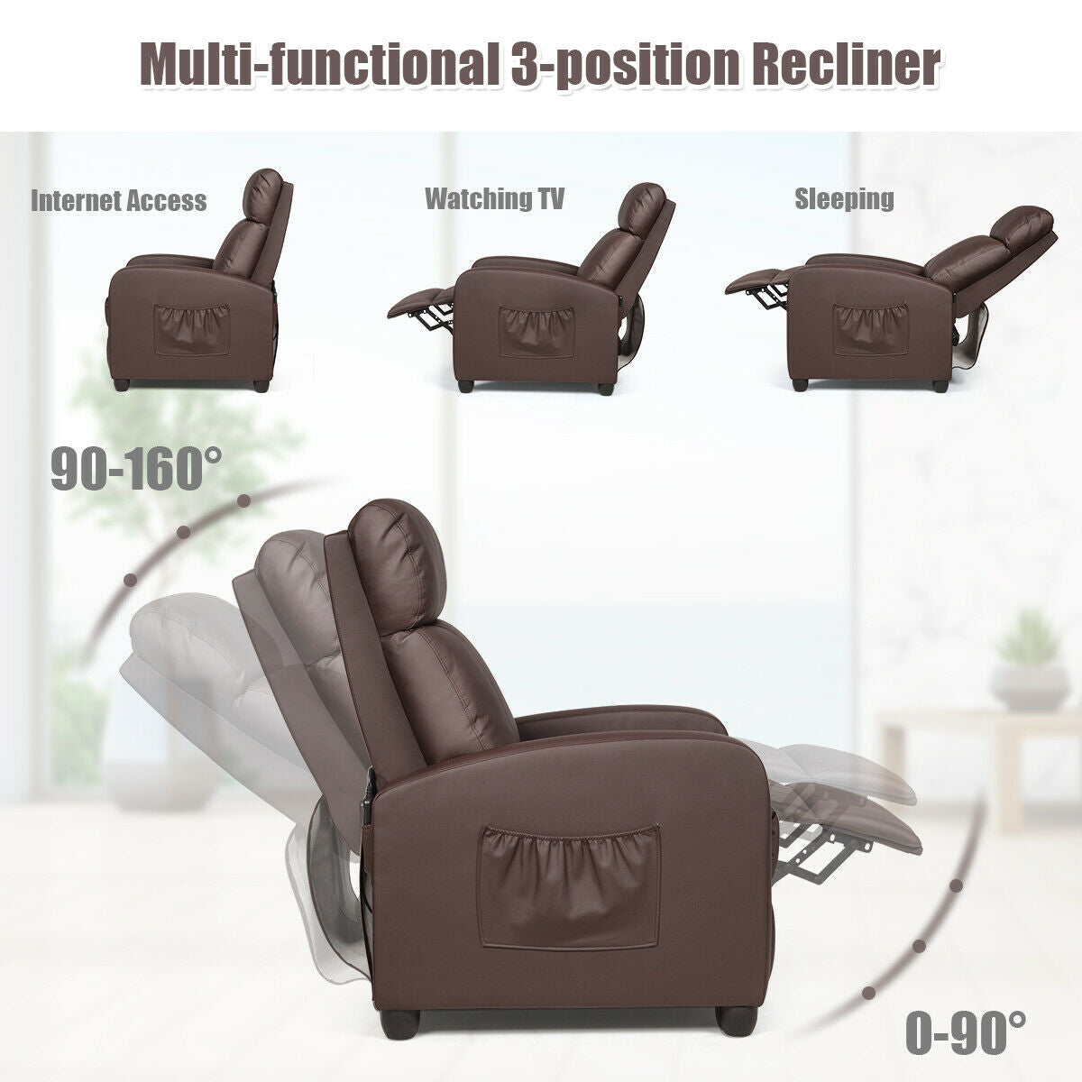 Recliner Sofa Wingback Chair with Massage Function, Brown Accent Chairs at Gallery Canada