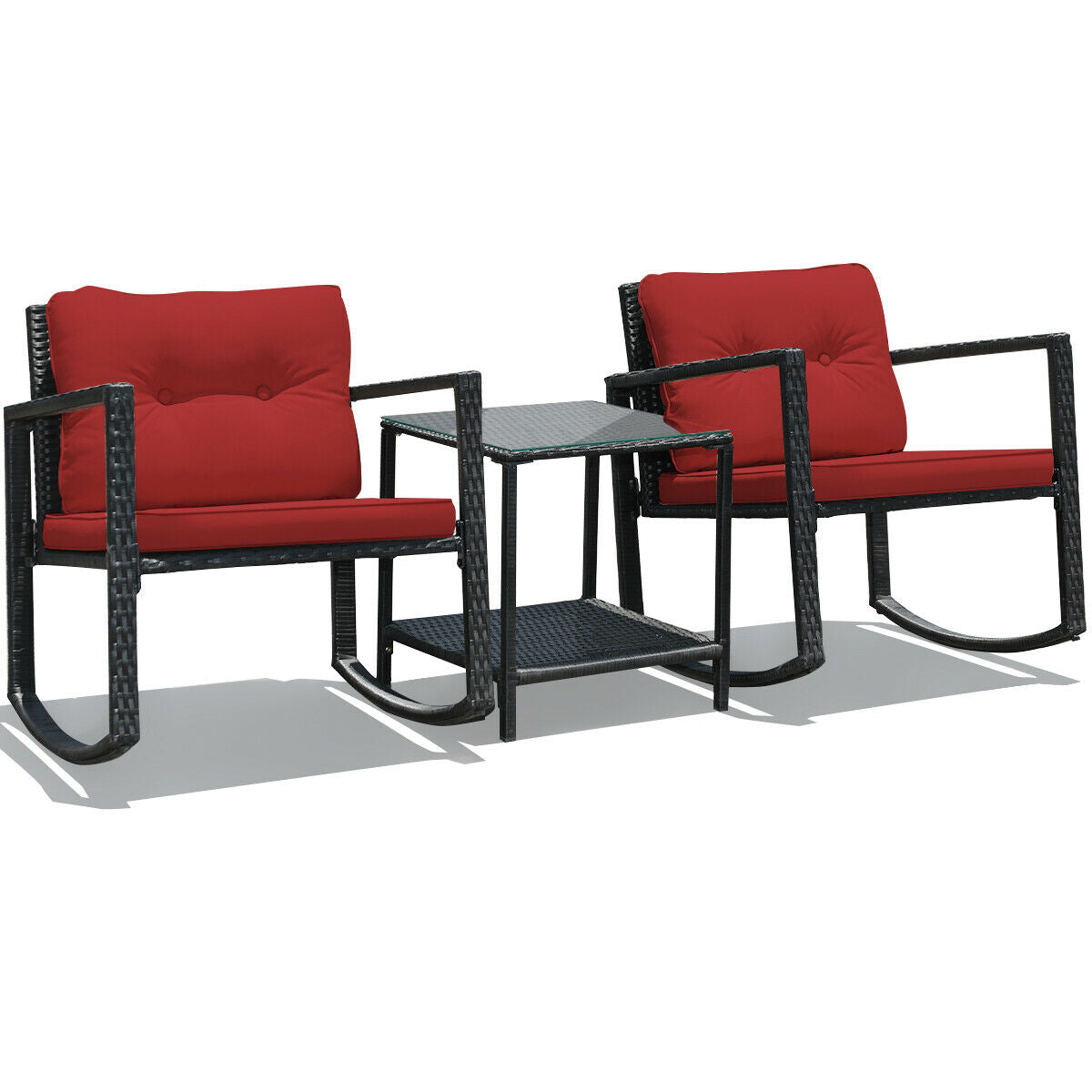 3 Pcs Wicker Rocking Bistro Set with Glass Coffee Table and Storage Shelf, Red Patio Conversation Sets at Gallery Canada