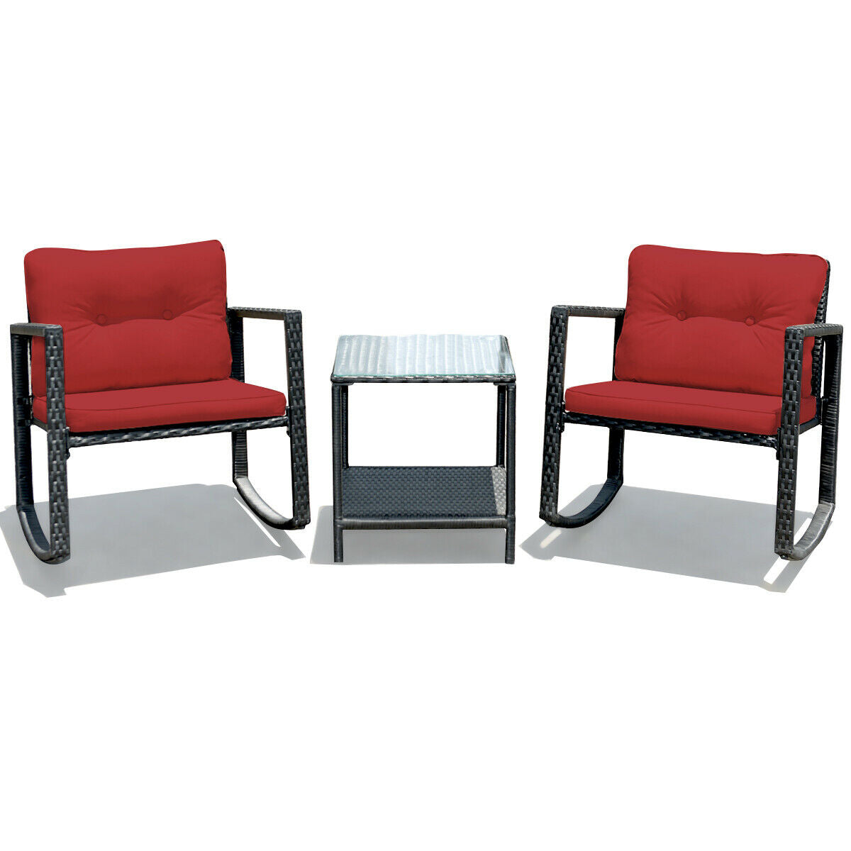3 Pcs Wicker Rocking Bistro Set, Glass Coffee Table, Storage Shelf, Red Patio Conversation Sets at Gallery Canada