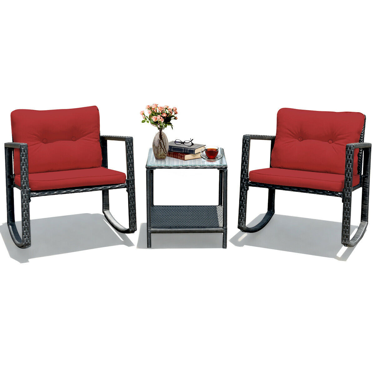 3 Pcs Wicker Rocking Bistro Set with Glass Coffee Table and Storage Shelf, Red Patio Conversation Sets at Gallery Canada
