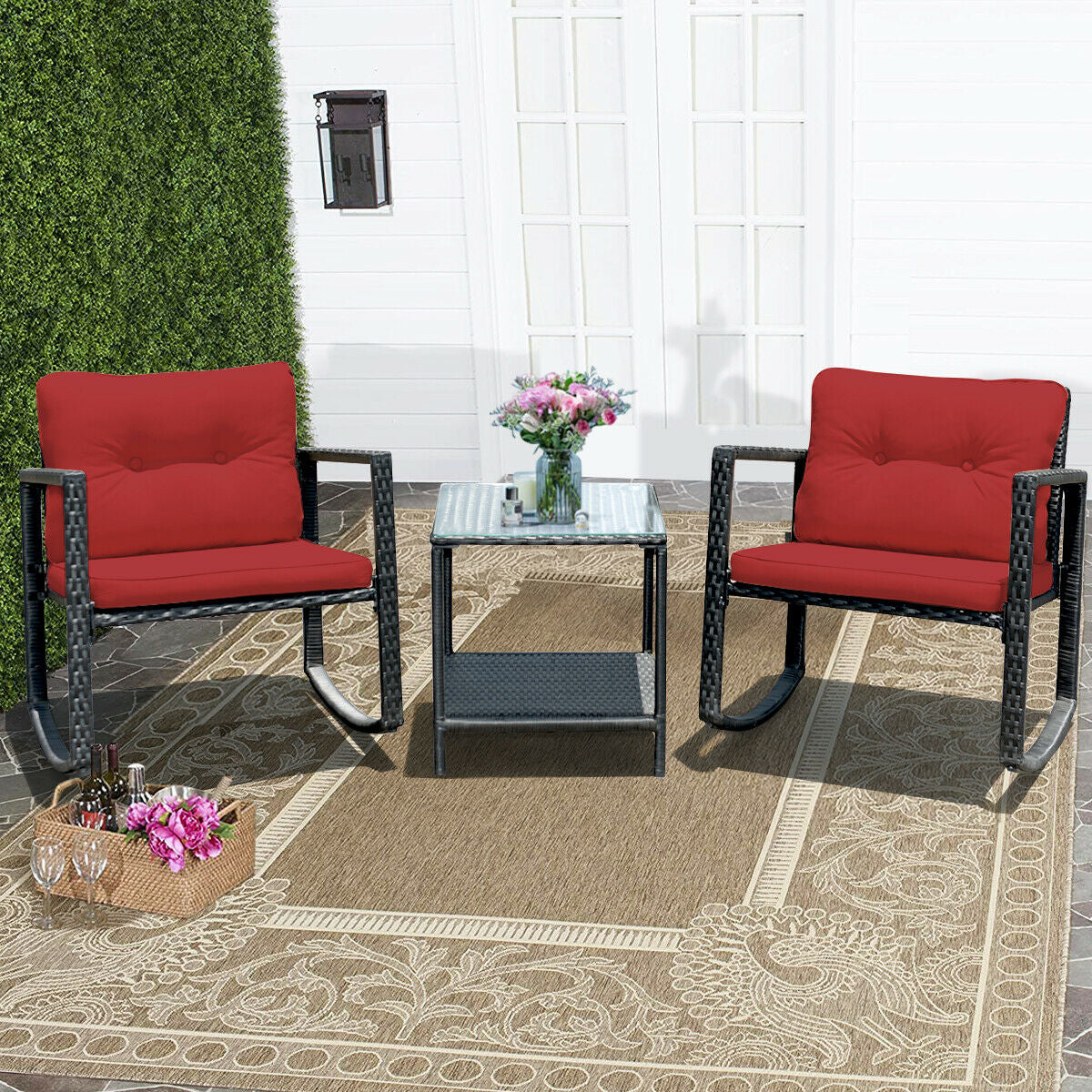 3 Pcs Wicker Rocking Bistro Set with Glass Coffee Table and Storage Shelf, Red Patio Conversation Sets at Gallery Canada