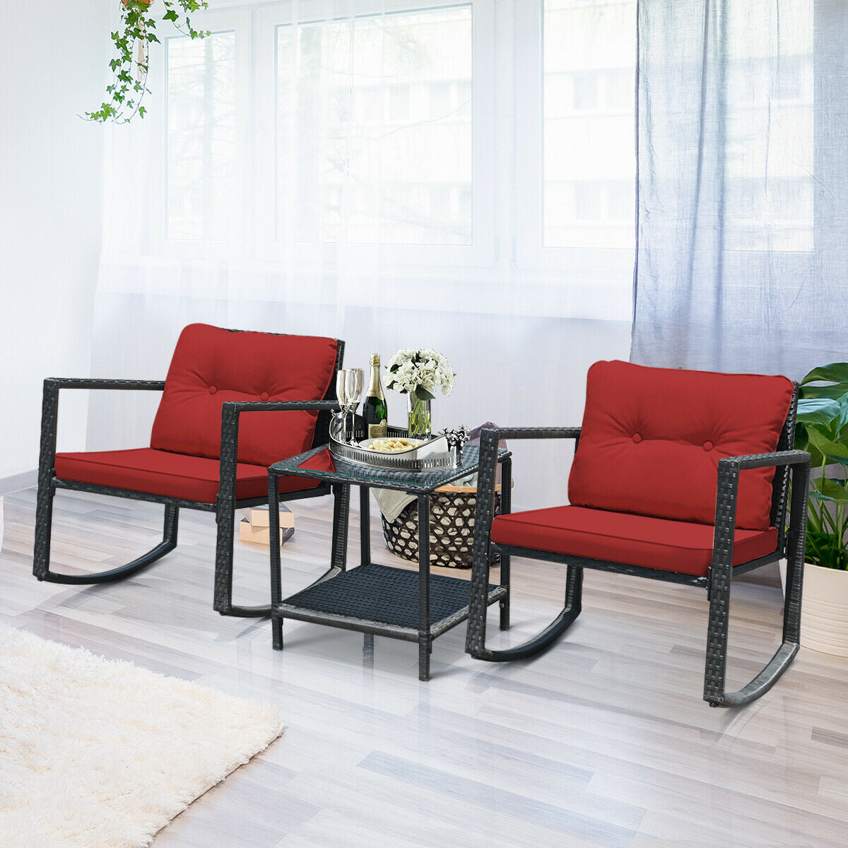 3 Pcs Wicker Rocking Bistro Set with Glass Coffee Table and Storage Shelf, Red Patio Conversation Sets at Gallery Canada