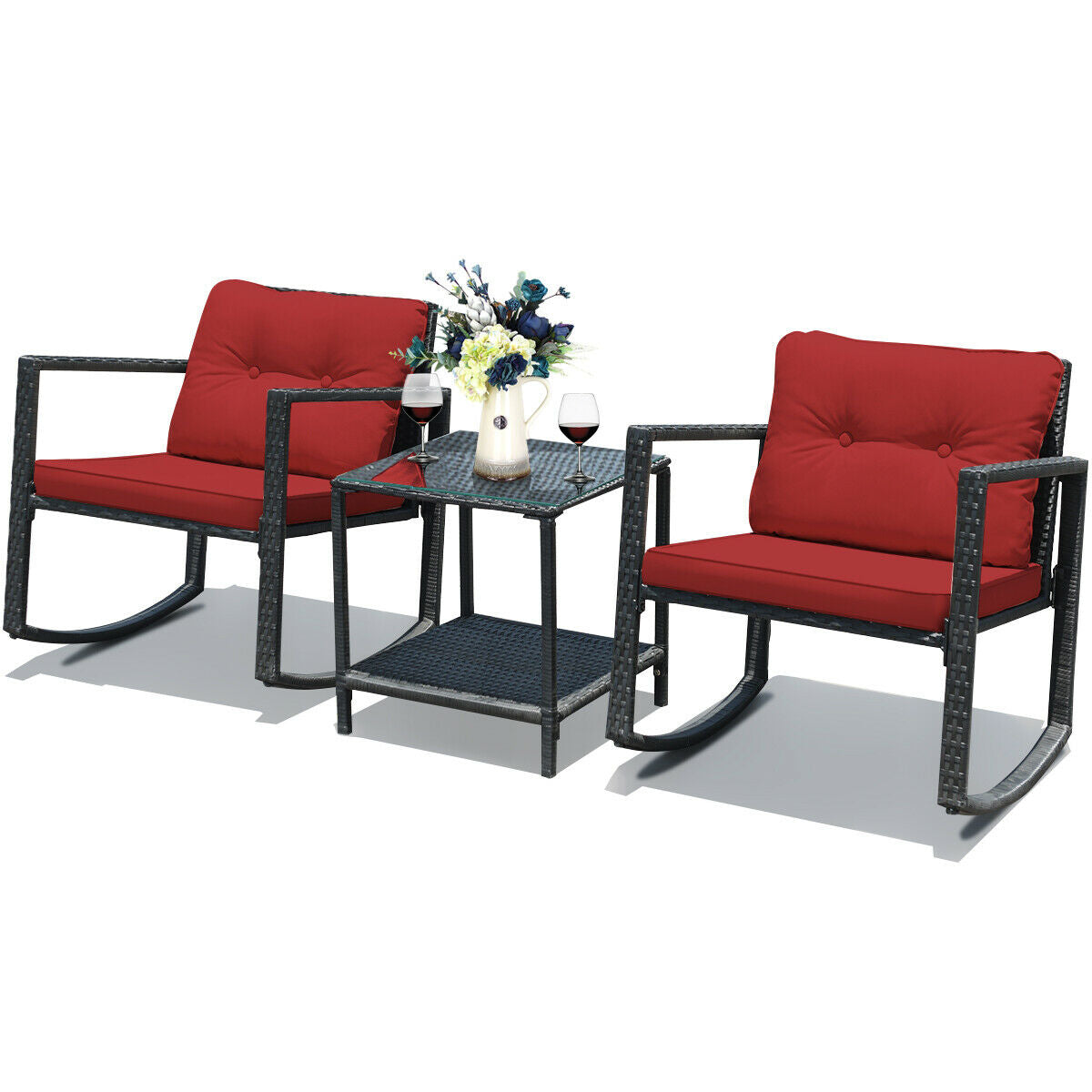 3 Pcs Wicker Rocking Bistro Set with Glass Coffee Table and Storage Shelf, Red Patio Conversation Sets at Gallery Canada