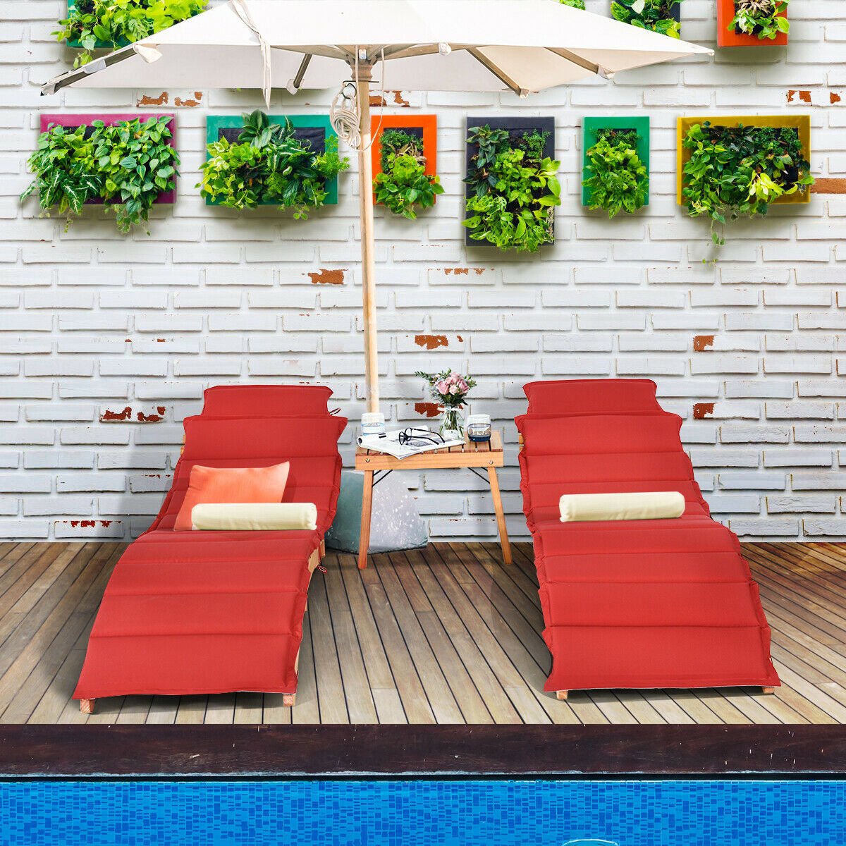 3 Pieces of Wooden Folding Patio Lounge Chair Table Set, Red Patio Conversation Sets at Gallery Canada