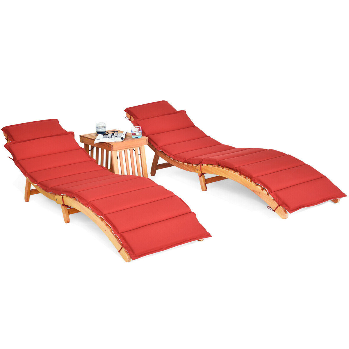 3 Pieces of Wooden Folding Patio Lounge Chair Table Set, Red Patio Conversation Sets Red at Gallery Canada