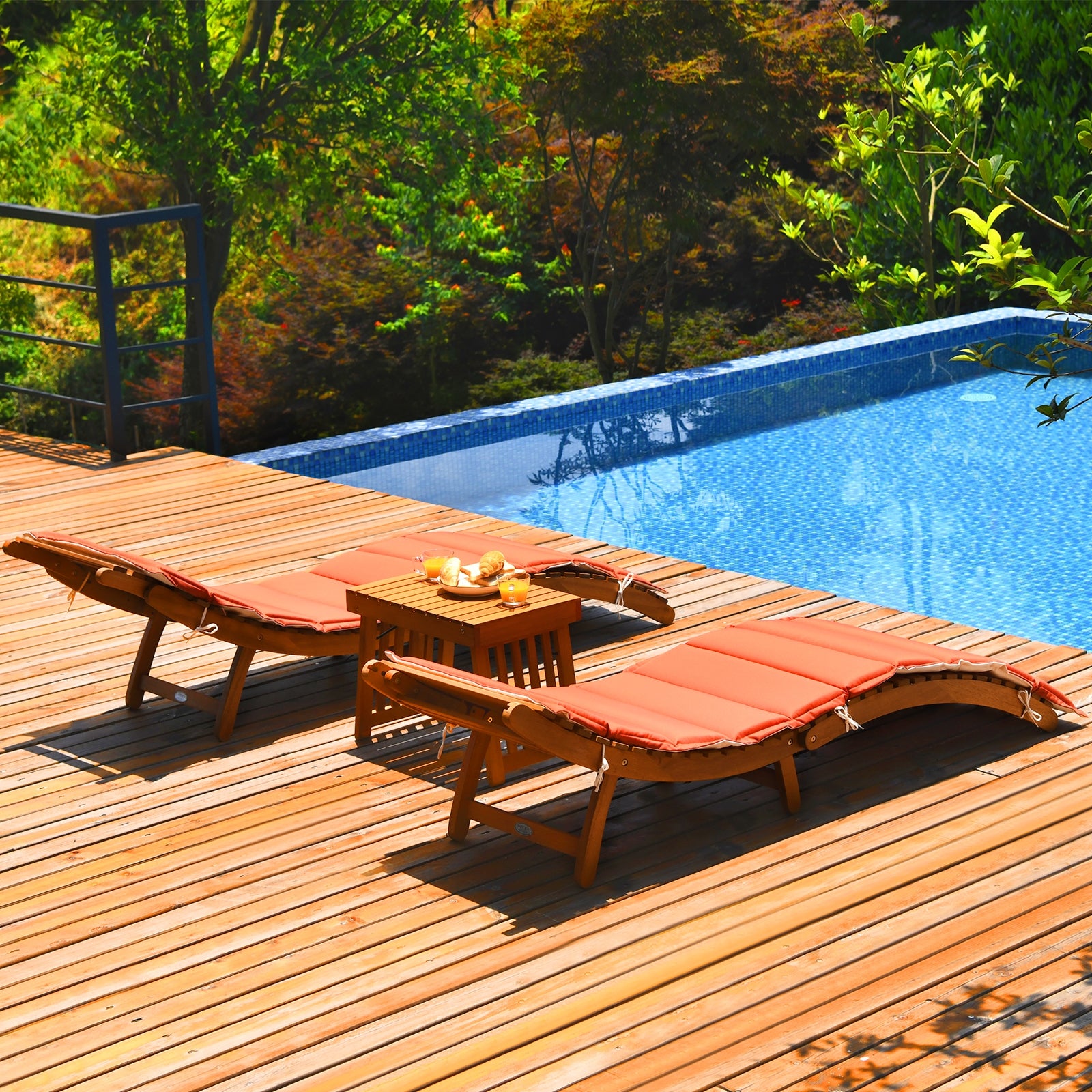 3 Pieces of Wooden Folding Patio Lounge Chair Table Set, Red Patio Conversation Sets at Gallery Canada